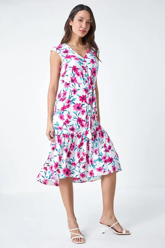 Pink Sleeveless Floral Frill Hem Midi Dress Women Roman Dresses