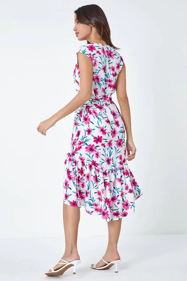 Pink Sleeveless Floral Frill Hem Midi Dress Women Roman Dresses