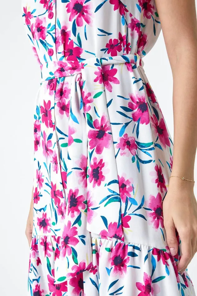 Pink Sleeveless Floral Frill Hem Midi Dress Women Roman Dresses