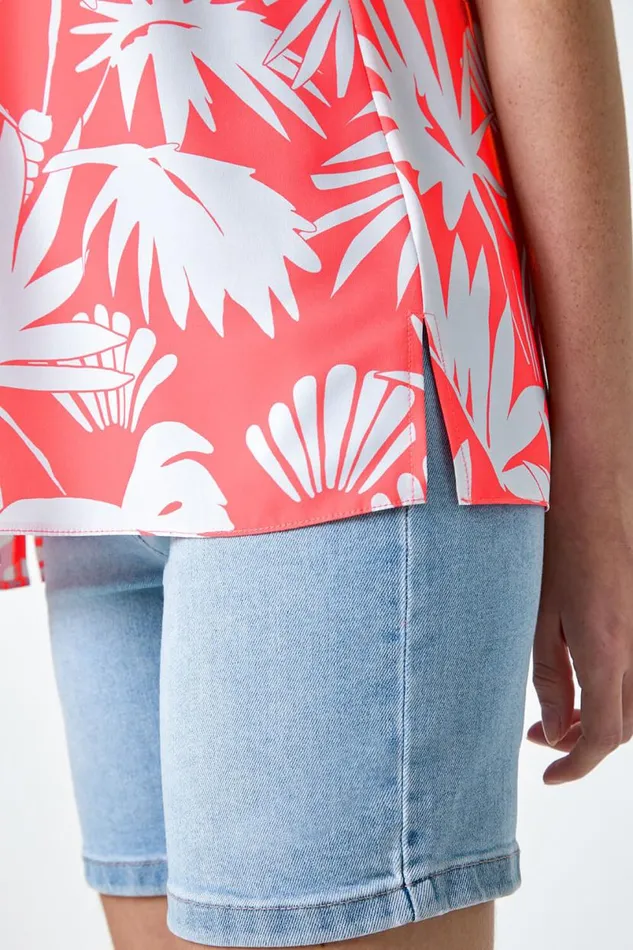 Pink Sleeveless VNeck Palm Print Button Cami Top Women Roman Tops