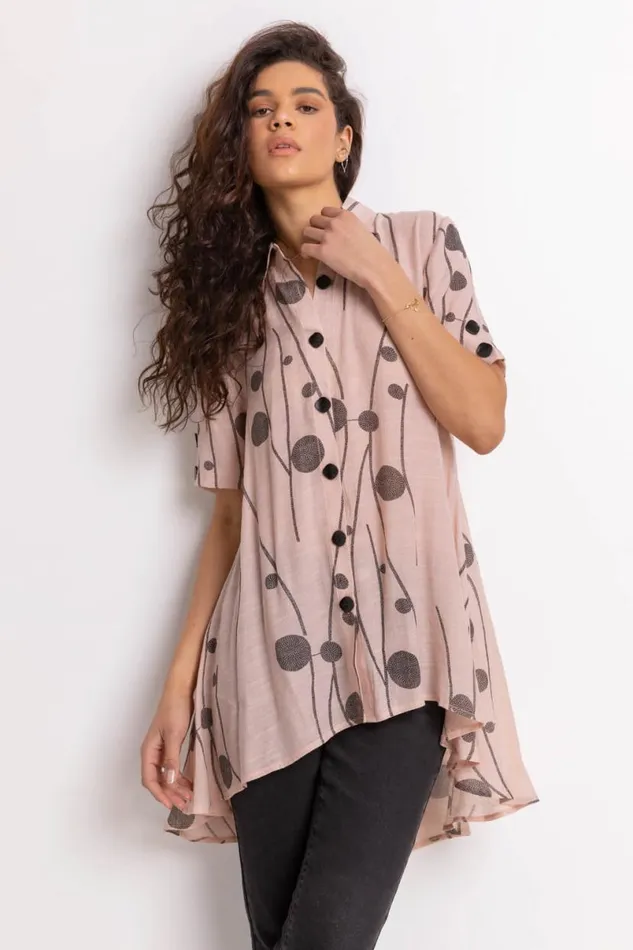 Pink Spot Print Button Through Shirt Women Roman Tops