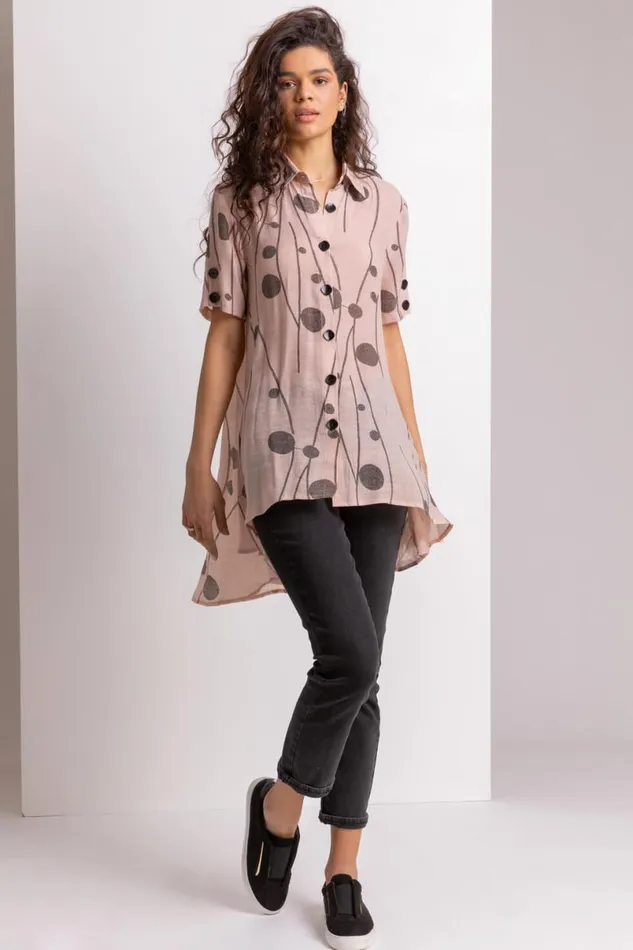 Pink Spot Print Button Through Shirt Women Roman Tops