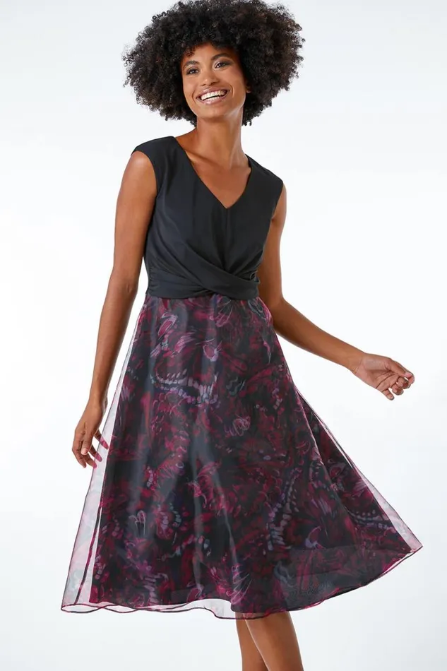 Pink Twist Front Butterfly Print Stretch Dress Women Roman Dresses