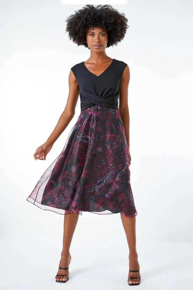 Pink Twist Front Butterfly Print Stretch Dress Women Roman Dresses