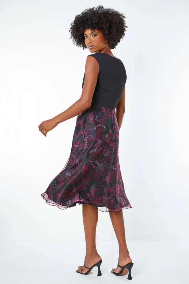 Pink Twist Front Butterfly Print Stretch Dress Women Roman Dresses