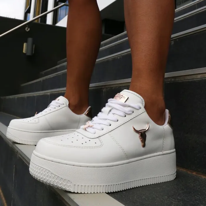 Platform Sneakers Women Windsor Smith RICH WHITE LEATHER ROSE GOLD METALLIC SNEAKERS