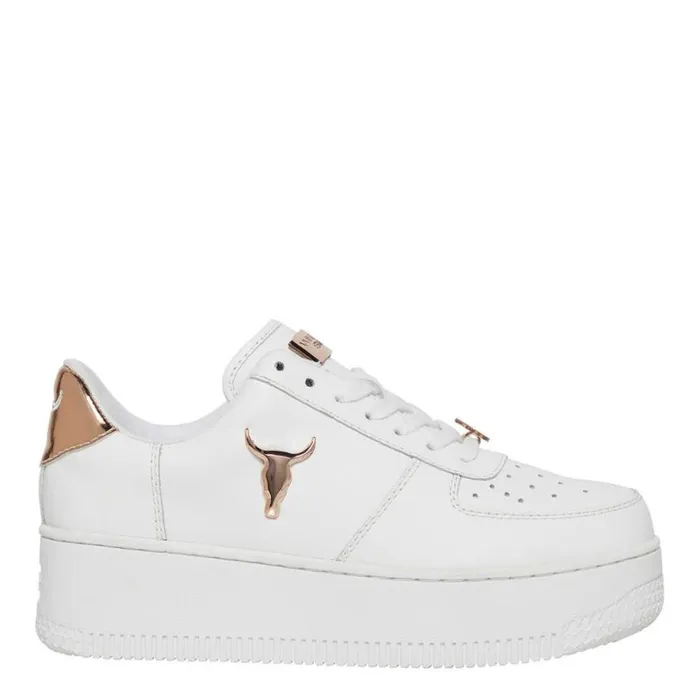 Platform Sneakers Women Windsor Smith RICH WHITE LEATHER ROSE GOLD METALLIC SNEAKERS
