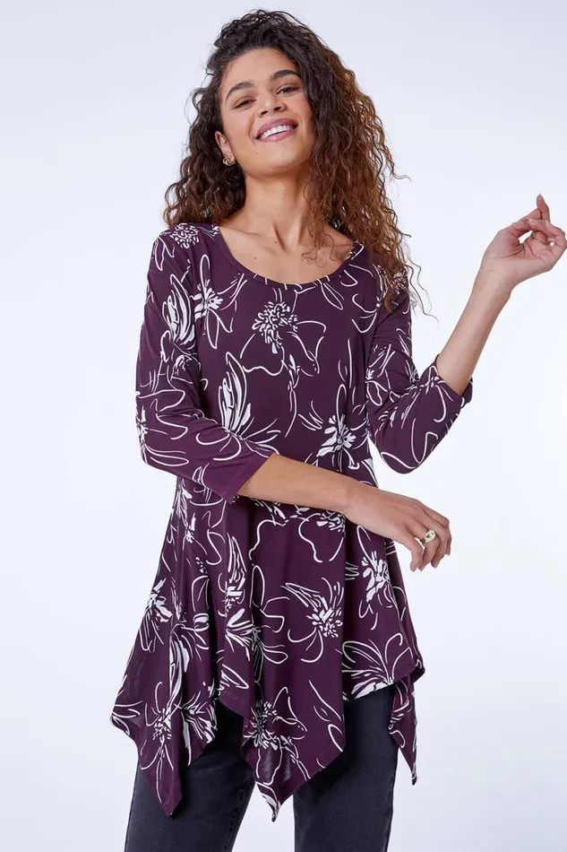 Plum Linear Floral Print Hanky Hem Top Women Roman Tops