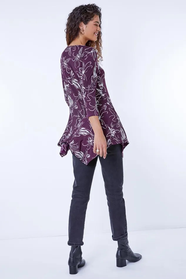 Plum Linear Floral Print Hanky Hem Top Women Roman Tops