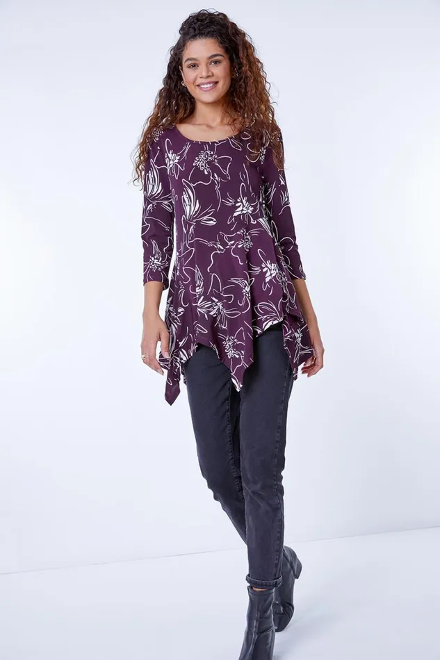 Plum Linear Floral Print Hanky Hem Top Women Roman Tops