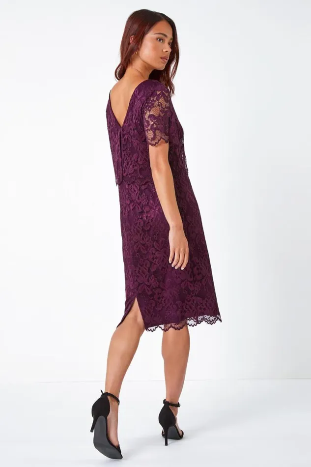 Plum Petite Lace Overlay Stretch Dress Women Roman Dresses