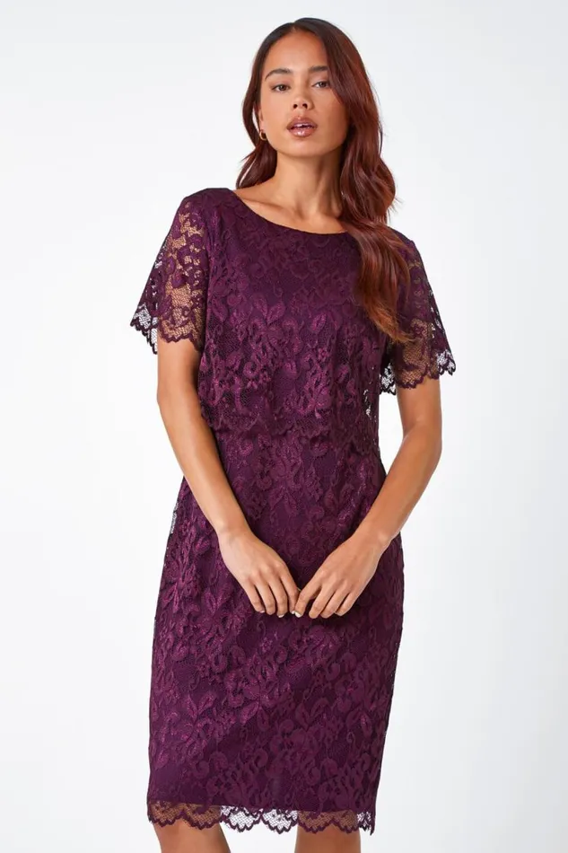 Plum Petite Lace Overlay Stretch Dress Women Roman Dresses