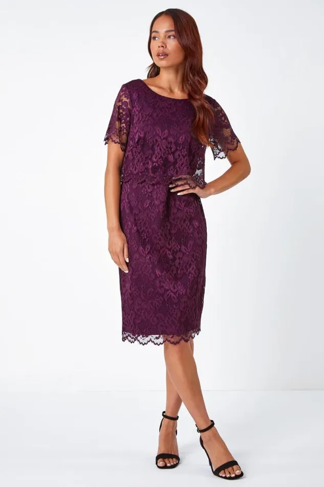 Plum Petite Lace Overlay Stretch Dress Women Roman Dresses