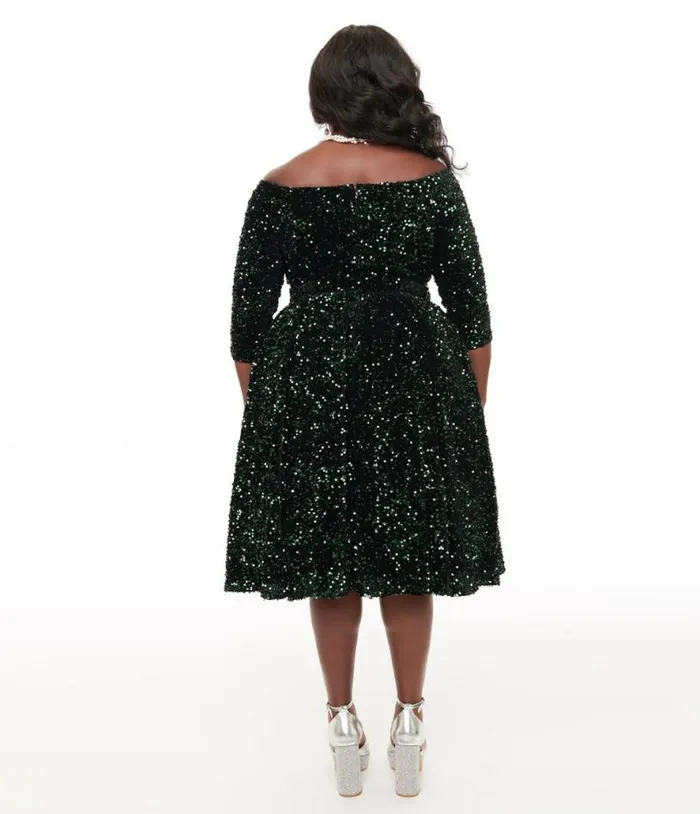 Plus Size 1950s Green Velvet Sequin Marceline Swing Dress DressesPlus Unique Vintage Pocket Dresses