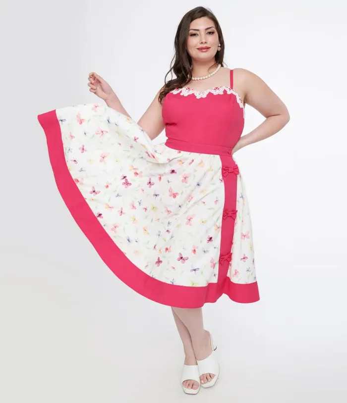 Plus Size 1950s Hot Pink and White Butterfly Print Rye Swing Skirt ClothingPlus Unique Vintage Skirts Plus Size 1950s Hot Pink and White Butterfly Print Rye Swing Skirt ClothingPlus Unique Vintage Skirts