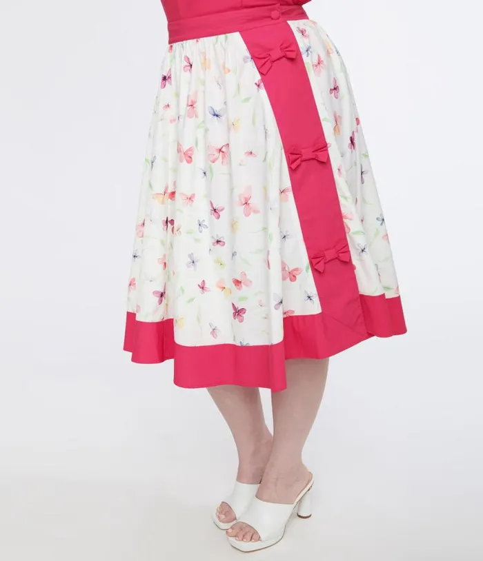 Plus Size 1950s Hot Pink and White Butterfly Print Rye Swing Skirt ClothingPlus Unique Vintage Skirts