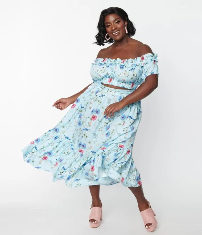 Plus Size 1970s Blue Floral and Blue Bird Tiered Midi Skirt ClothingPlus Unique Vintage Skirts Plus Size 1970s Blue Floral and Blue Bird Tiered Midi Skirt ClothingPlus Unique Vintage Skirts
