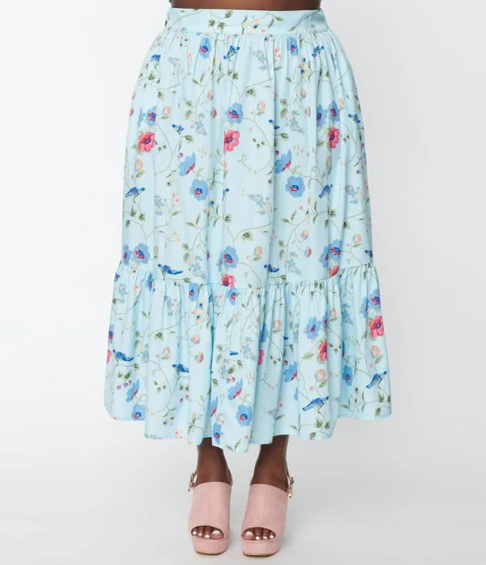 Plus Size 1970s Blue Floral and Blue Bird Tiered Midi Skirt ClothingPlus Unique Vintage Skirts