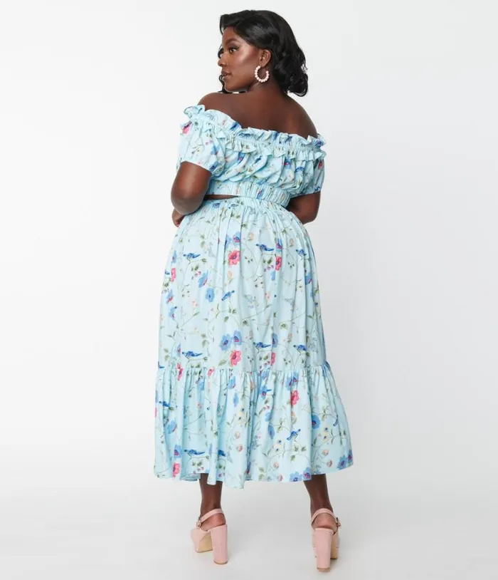 Plus Size 1970s Blue Floral and Blue Bird Tiered Midi Skirt ClothingPlus Unique Vintage Skirts