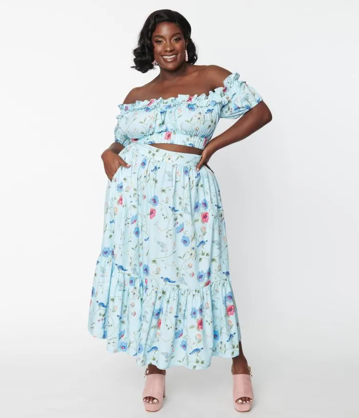 Plus Size 1970s Blue Floral and Blue Bird Tiered Midi Skirt ClothingPlus Unique Vintage Skirts