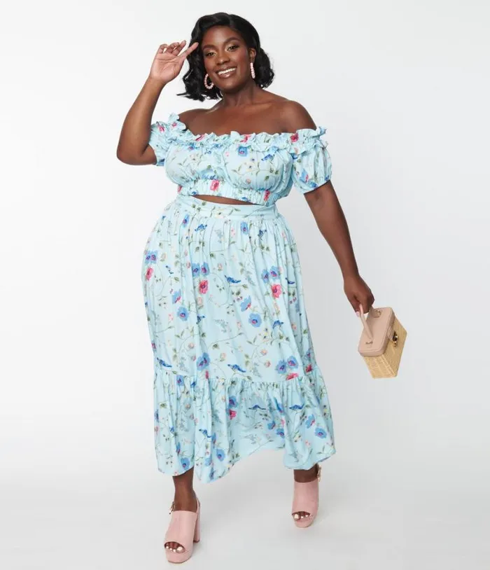 Plus Size 1970s Blue Floral and Blue Bird Tiered Midi Skirt ClothingPlus Unique Vintage Skirts