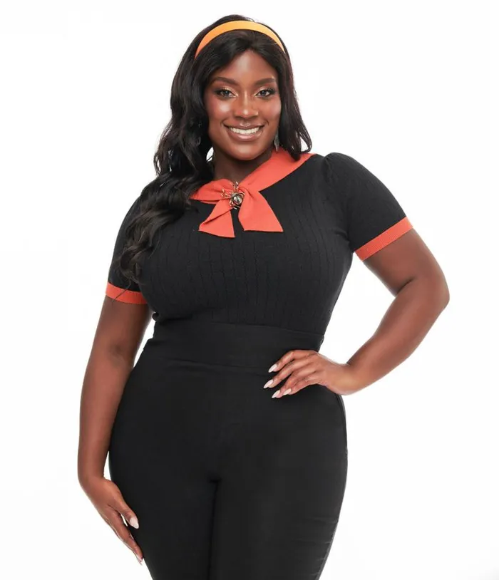 Plus Size Black and Orange Spider Brooch Neck Tie Park City Sweater ClothingHalloweenPlus Unique Vintage Sweaters and Cardigans