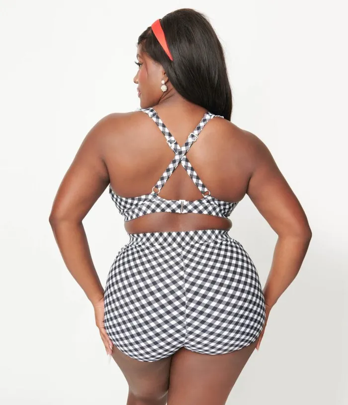 Plus Size Black and White Gingham Halter Swim Top Plus Unique Vintage Two Piece Swim