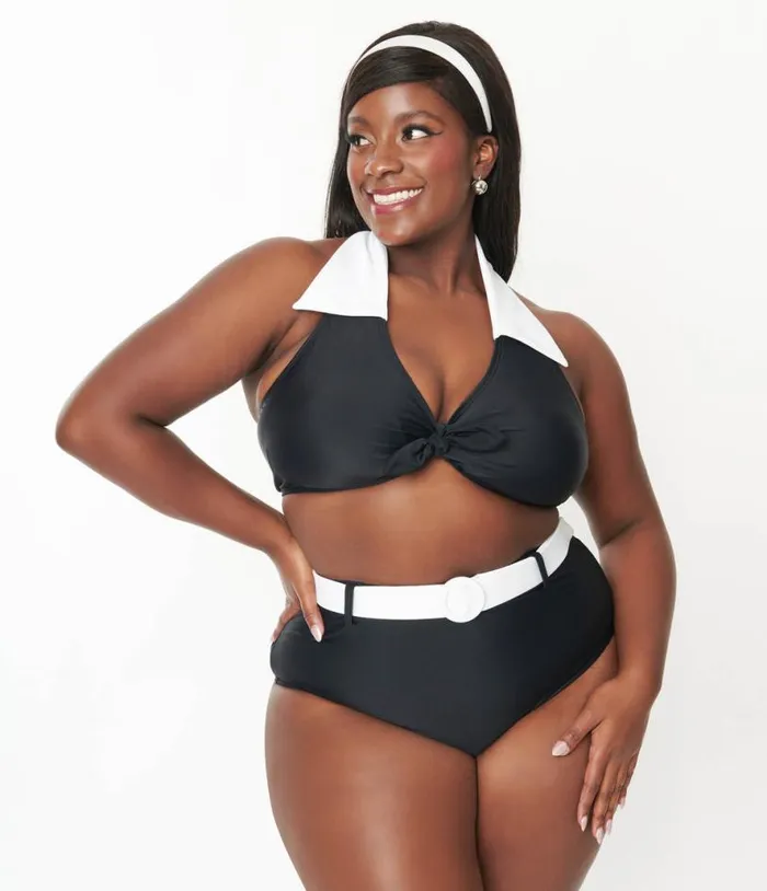 Plus Size Black and White Halter Swim Top Plus Unique Vintage Two Piece Swim