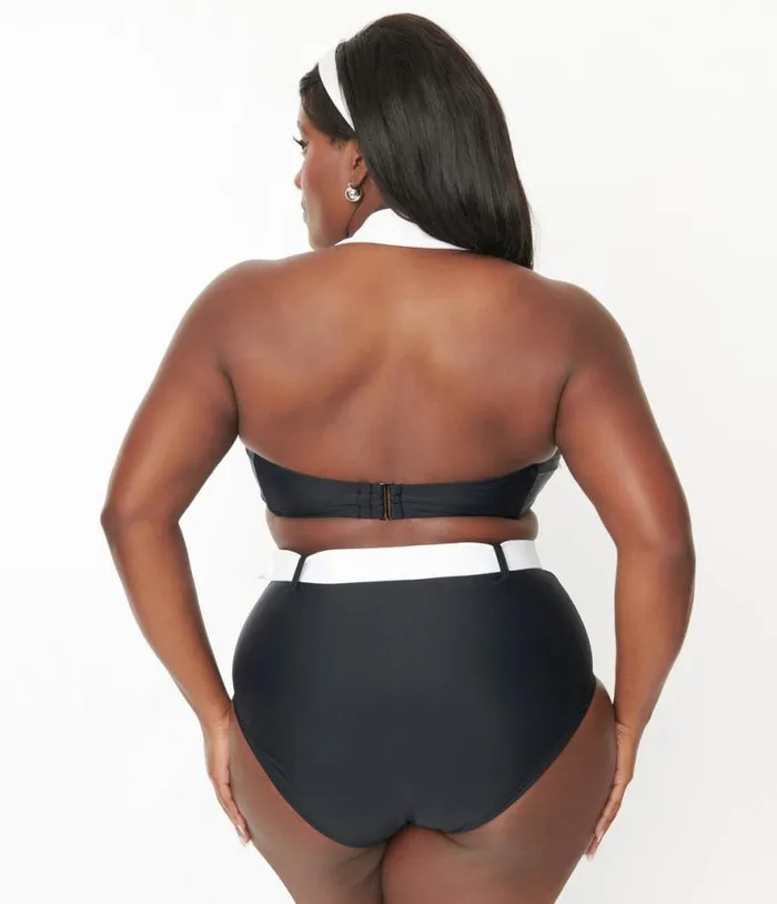 Plus Size Black and White Halter Swim Top Plus Unique Vintage Two Piece Swim