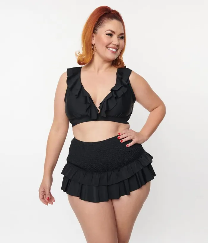 Plus Size Black Ruffle Halter Swim Top Plus Unique Vintage Two Piece Swim