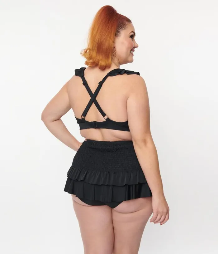 Plus Size Black Ruffle Halter Swim Top Plus Unique Vintage Two Piece Swim