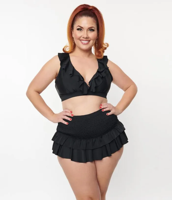 Plus Size Black Ruffle Halter Swim Top Plus Unique Vintage Two Piece Swim