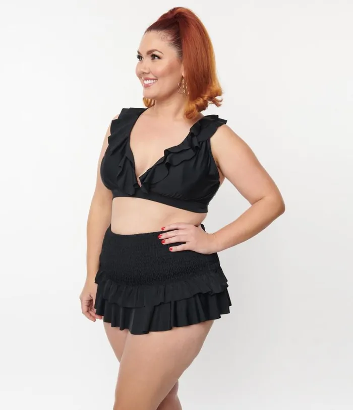 Plus Size Black Ruffle Halter Swim Top Plus Unique Vintage Two Piece Swim