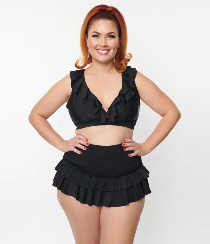 Plus Size Black Ruffle Halter Swim Top Plus Unique Vintage Two Piece Swim