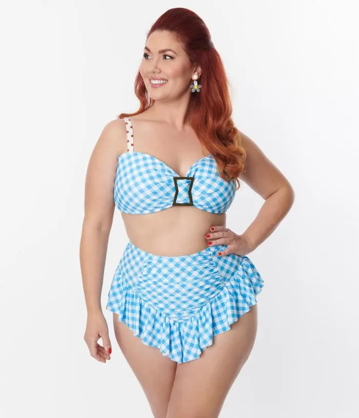 Plus Size Blue Gingham Buckle Swim Top Plus Unique Vintage Two Piece Swim
