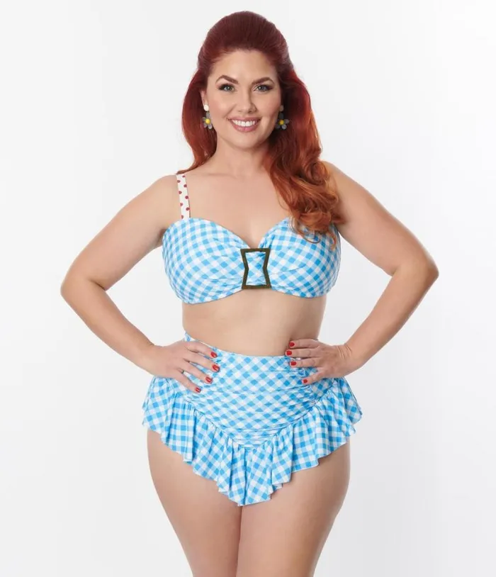 Plus Size Blue Gingham Buckle Swim Top Plus Unique Vintage Two Piece Swim