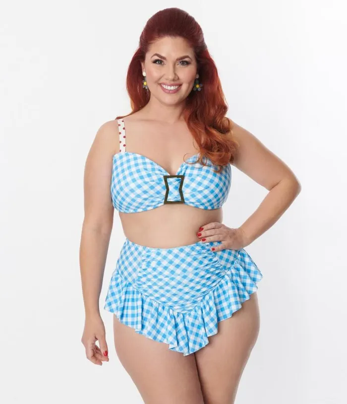 Plus Size Blue Gingham Buckle Swim Top Plus Unique Vintage Two Piece Swim