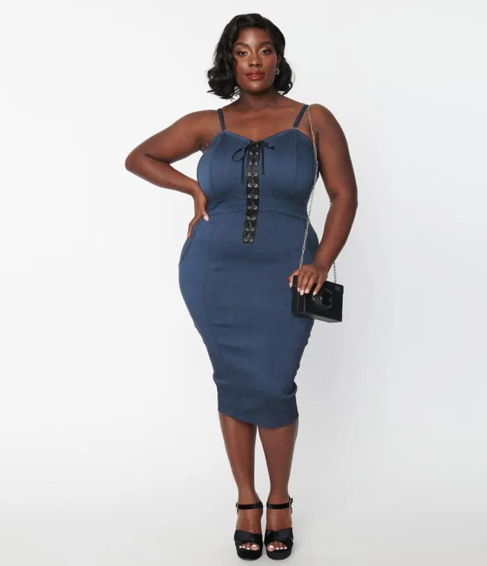 Plus Size Dark Denim Corset Ellison Wiggle Dress DressesPlus Unique Vintage Pencil
