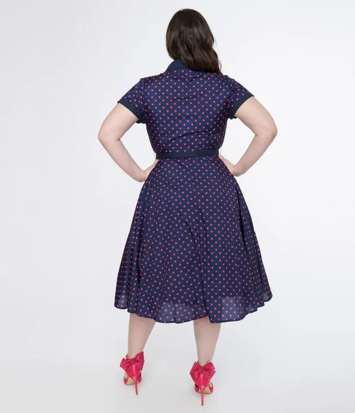 Plus Size Navy and Hot Pink Dot Alexis Swing Dress DressesPlus Unique Vintage Pocket Dresses