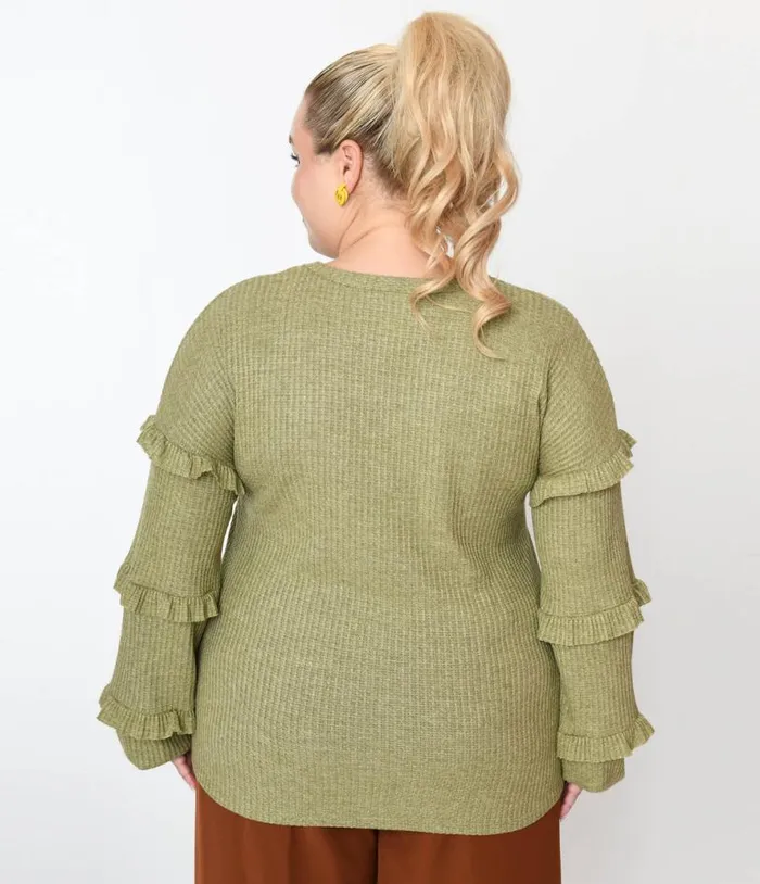 Plus Size Olive Green Ruffle Trim Ribbed Pullover Sweater ClothingPlus Unique Vintage Sweaters and Cardigans