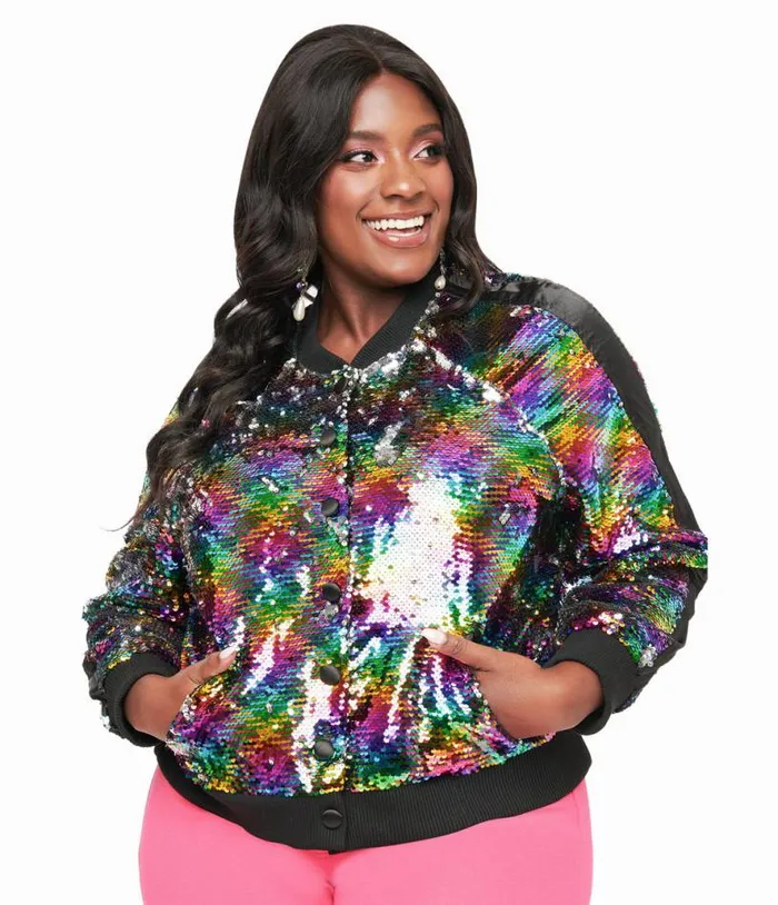 Plus Size Rainbow Sequin Satin Bomber Jacket ClothingPlus Unique Vintage Jackets