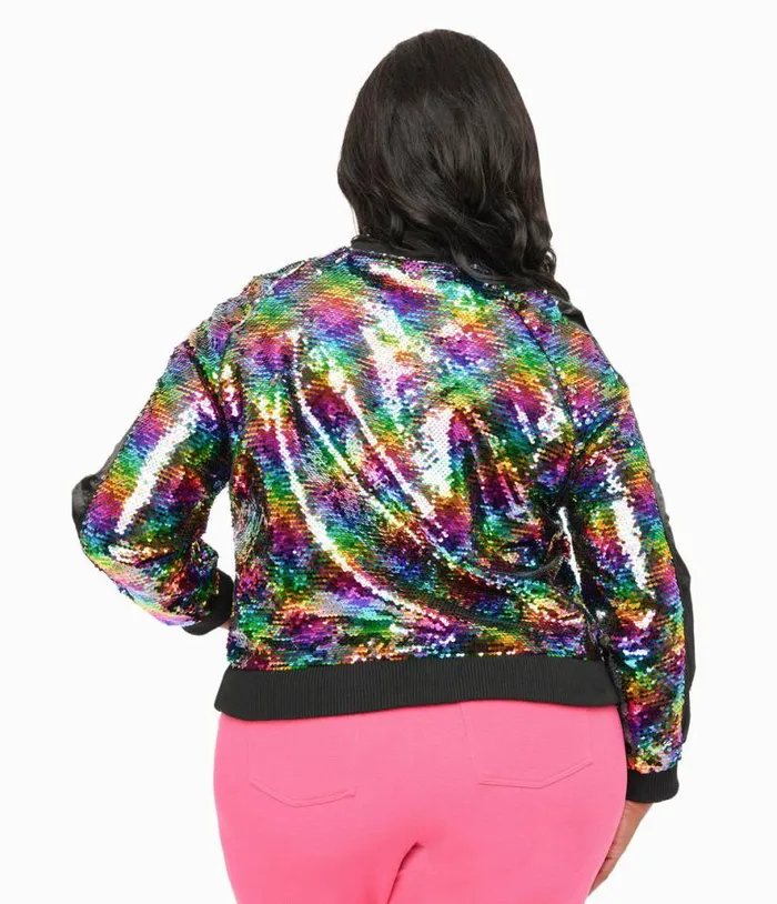 Plus Size Rainbow Sequin Satin Bomber Jacket ClothingPlus Unique Vintage Jackets