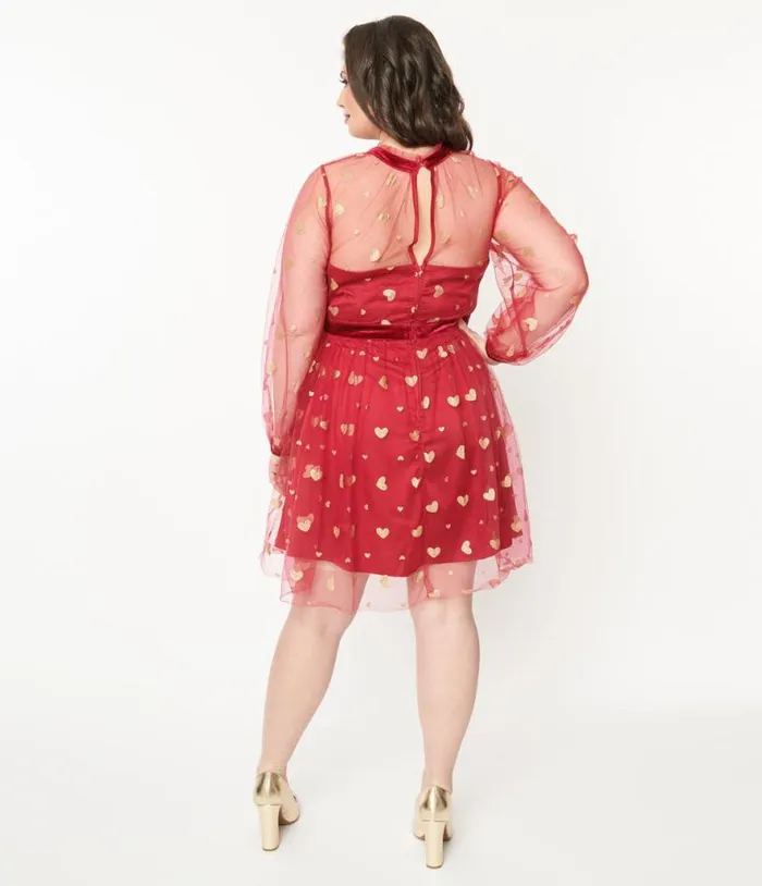 Plus Size Red and Gold Glitter Heart Flare Dress DressesPlus Unique Vintage Fit and Flare