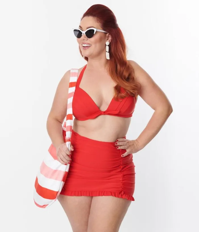 Plus Size Red Monroe Halter Swim Top Plus Unique Vintage Two Piece Swim