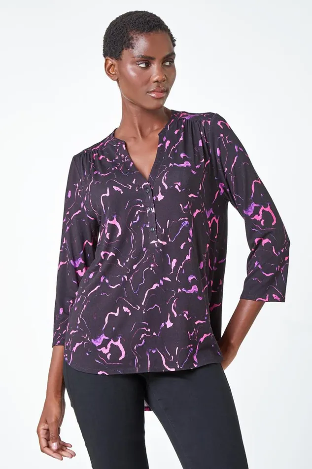 Purple Abstract Print Stretch Top Women Roman Tops