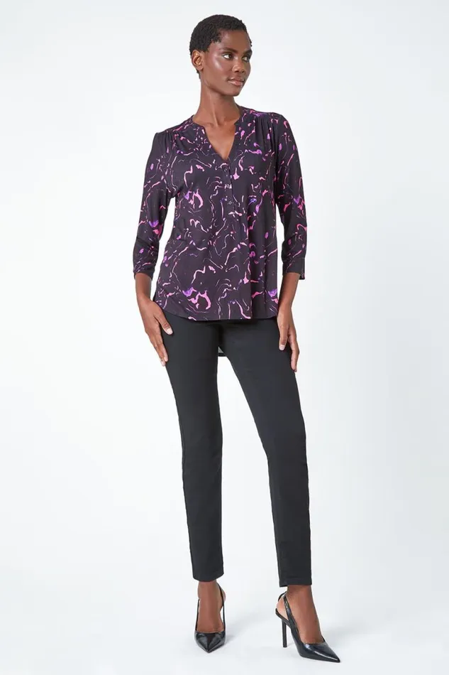 Purple Abstract Print Stretch Top Women Roman Tops