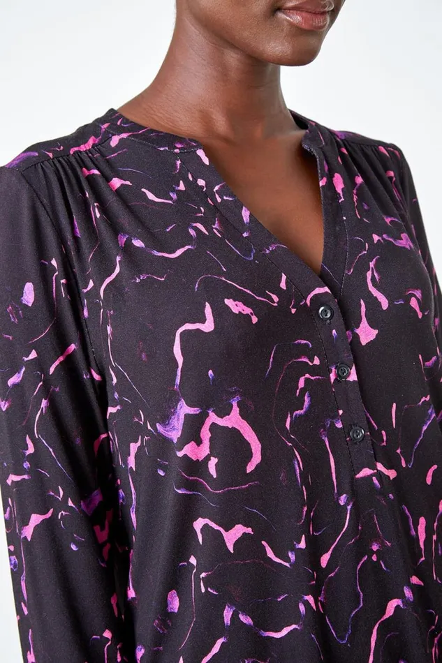 Purple Abstract Print Stretch Top Women Roman Tops