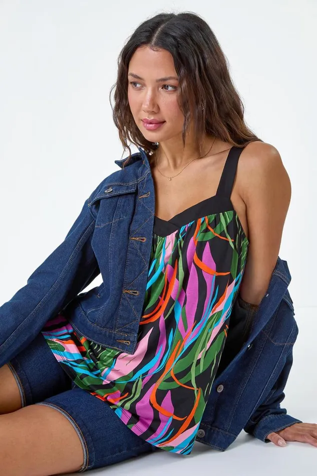 Purple Contrast Leaf Print Stretch Cami Top Women Roman Tops