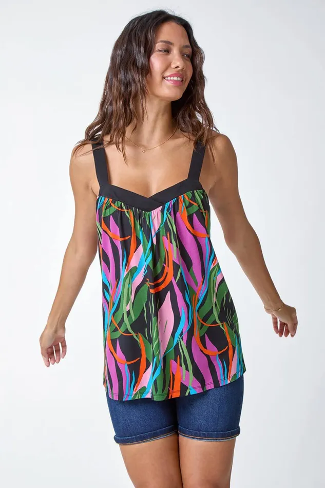 Purple Contrast Leaf Print Stretch Cami Top Women Roman Tops