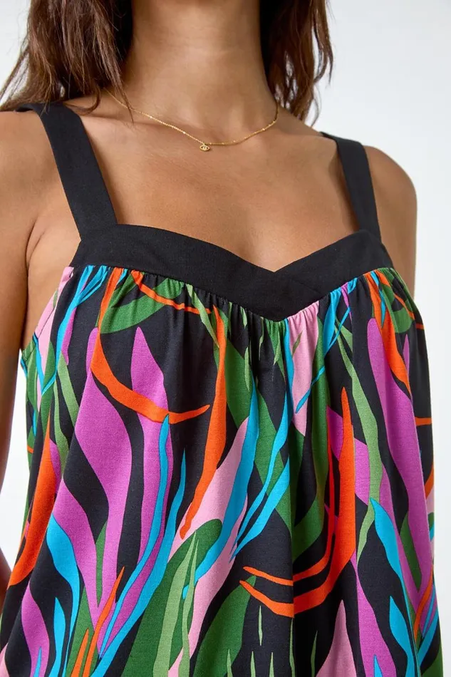 Purple Contrast Leaf Print Stretch Cami Top Women Roman Tops